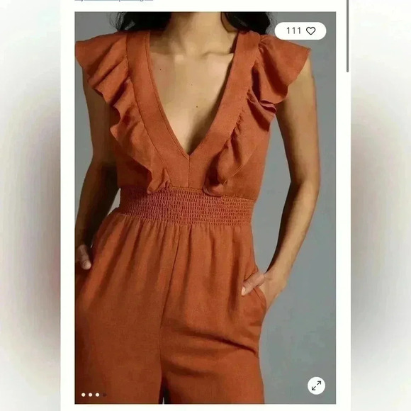 NWT Anthropologie V-Neck Ruffle Jumpsuit Orange Sz LP - Picture 3 of 8